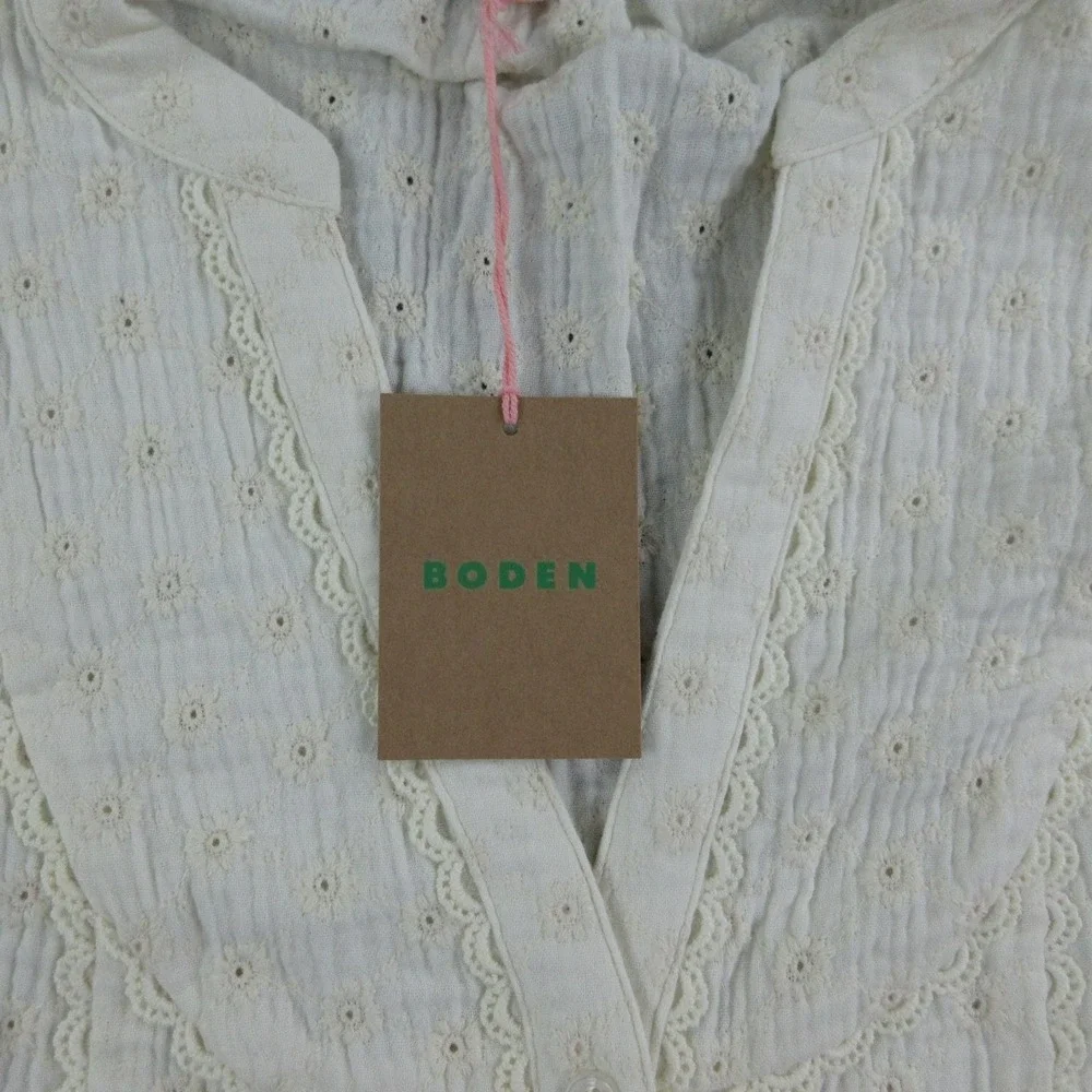 Boden Blouse Womens 8 Off-White Tunic Puff Sleeve Embroidered Crochet Lined NWT